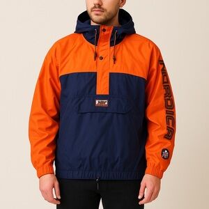 Vintage 90s Nordica Net Sandwich Windbreaker Orange Navy, Hidden Hood Oversized